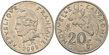 Французская Новая Каледония 20 франков 2008 три быка, (IEOM) KM 12a, Schoen 14a медно-никель 4131-933