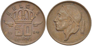 БЕЛЬГИЯ 50 САНТИМОВ 1964 BELGIE KM 149.1 бронза 4396-312