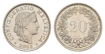 Швейцария 20 раппенов 2002 B KM 29a медно-никель UNC 4623-616