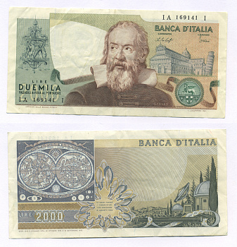 Италия 2000 лир 1973 Галилео, Пизанская башня Pick 103а бумага 7146-21-1-2