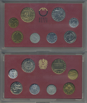 Австрия набор из 8 монет 1992 официальный набор, 2, 5, 10, 50 грошей, 1, 5, 10, 20 шиллингов, девять провинций Австрии, в пластике KM MS 1 UNC 6-6-2-8