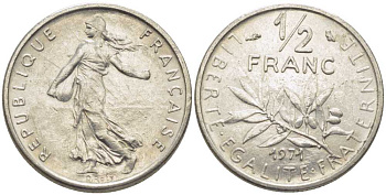 ФРАНЦИЯ 1/2 ФРАНКА 1971 СЕЯТЕЛЬ KM 931.1, LE FRANC 198.10 никель 175-937