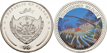 Палау 1 доллар 2008 серия вымирающие виды, лобстер, цветная эмаль KM 167 медно-никель PROOF M39-2