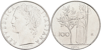 ИТАЛИЯ 100 ЛИР 1974 R, АФИНА KM 96.1 нержавеющая сталь 63-1336