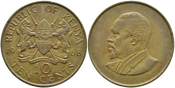 Кения 10 центов 1968 Джомо Кениата KM 2 никель латунь 4526-1044