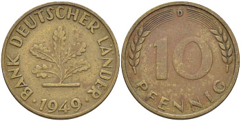 ФРГ 10 ПФЕННИГОВ 1949 D KM 103, J.378 сталь плакированная латунью 4402-252