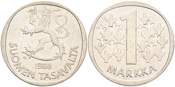 ФИНЛЯНДИЯ 1 МАРКА 1988 M KM 49а медно-никель 4556-747