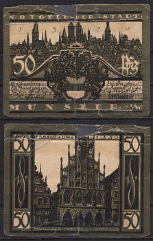 Германия, Мюнстер 50 пфеннигов 1921 Нотгельд, город в Вестфалии (прусская провинция Вестфалия) DeNG 2 916.1-1/5 бумага 7555-43-1-2