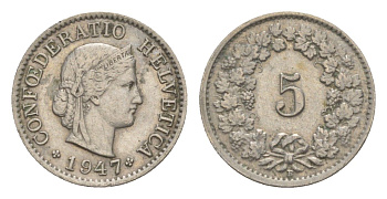 Швейцария 5 раппенов 1947 B KM 26 медно-никель 4627-829