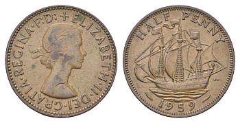 Великобритания 1/2 пенни 1959 Елизавета II (1952-2022) KM 896, Spink 4158 бронза    4660-641