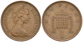 Великобритания 1 пенни 1971 Елизавета II (1952-2022) KM 915, Spink 4237 (B1) бронза 4609-461