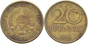 ГДР 20 пфеннигов 1969 А, первый год KM 11 латунь 61-653