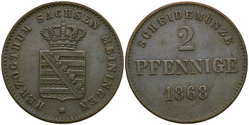 Саксен-Мейнинген 2 пфеннига 1868 Георг II (1866-1914) KM 174 медь 99-657