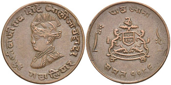 ГВАЛИОР, ИНДИЯ 1/4 АННА 1929 VS1986, Jivaji Rao (1925-1948) KM 176.1 медь 4544-715