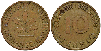 ФРГ 10 пфеннигов 1950 J KM 108, J.383 сталь плакированная латунью    4601-843