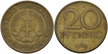 ГДР 20 пфеннигов 1969 A, первый год KM 11 латунь 92-553