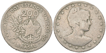 Бразилия 200 реалов 1901 MCMI, голова свободы вправо KM 504 медно-никель 4612-236