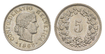 Швейцария 5 раппенов 1968 B KM 26 медно-никель 4611-935