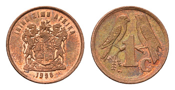 ЮАР 1 цент 1998 герб, капские воробьи KM 170 сталь плакированная медью UNC 4694-234