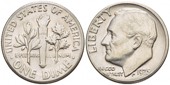 США 10 ЦЕНТОВ = 1 ДАЙМ 1975 РУЗВЕЛЬТ KM 195а медь плакированная медно-никелем 4547-945