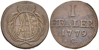 САКСОНИЯ 1 ГЕЛЛЕР 1779 С, ФРИДРИХ АВГУСТ III (1763-1806) KM 1002.1 (С90.1) медь 206-342