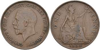 Великобритания 1 пенни 1930 Георг V (1910-1936) KM 838, Spink 4055 бронза 4117-822