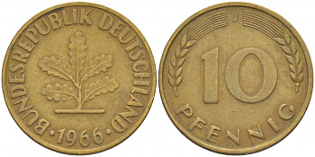 ФРГ 10 ПФЕННИГОВ 1966 J KM 108, J.383 сталь плакированная латунью 3718-733