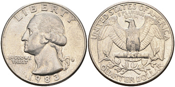 США 25 центов = квотер 1983 D, Вашингтон KM A164a медь плакированная медно-никелем 4584-1212