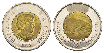 Канада 2 доллара 2012 Leaf, Елизавета II (1952-2022), полярный медведь KM 1257 биметалл UNC 4637-1042