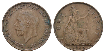 Великобритания 1 пенни 1936 Георг V (1910-1936) KM 838, Spink 4055 бронза 4661-742