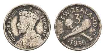 Новая Зеландия 3 пенса 1936 Георг V (1910-1936) KM 1 серебро 39-1164