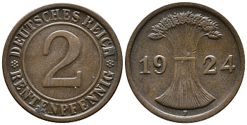 ГЕРМАНИЯ 2 РЕНТЕНПФЕННИГА 1924 F KM 31, J. 307 бронза 24-516