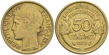 ФРАНЦИЯ 50 САНТИМОВ 1939 ТИП MORLON KM 894.1, LE FRANC 192.15 алюминиевая бронза 44-867