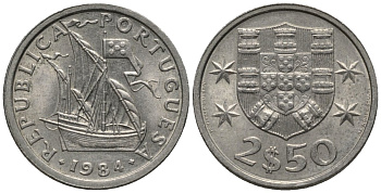 Португалия 2,5 эскудо 1984 парусник KM 590 медно-никель 4608-959