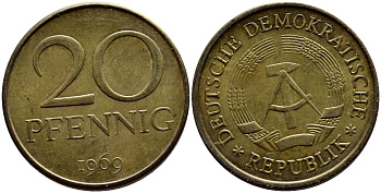 ГДР 20 пфеннигов 1969 А, первый год KM 11 латунь UNC 4398-1116