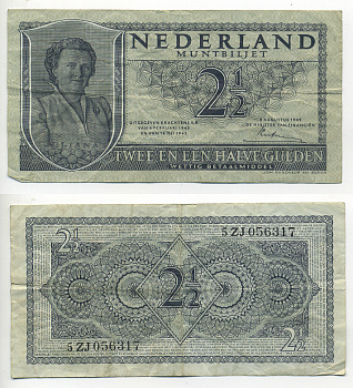 НИДЕРЛАНДЫ 2 1/2 ГУЛЬДЕНА 1949 8 АВГУСТА 1949, КОРОЛЕВА ЮЛИАНА Pick 73 бумага 6293-3-1-1