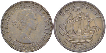 Великобритания 1/2 пенни 1958 Елизавета II (1952-2022) KM 896, Spink 4158 бронза 113-332