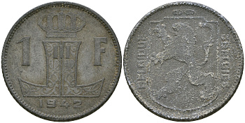Бельгия 1 франк 1942 Belgique - Belgie, Леопольд III (1934-1947), германская оккупация, Вторая мировая война KM 127 цинк 25-1253