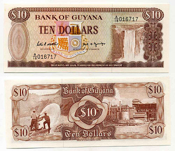 ГАЙАНА 10 ДОЛЛАРОВ 1989 ПОДПИСЬ 7, ВОДОПАД КАЙЕТУР Pick 23d бумага UNC (ПРЕСС) 8589-40-1-2