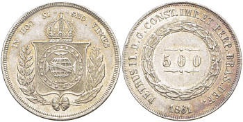 Бразилия 500 рейс 1861 Педро II (1831-1889) KM 464 серебро    4529-621