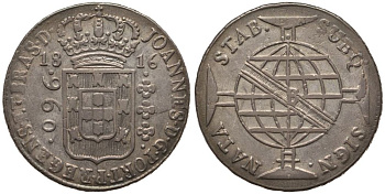 Бразилия 960 рейс 1816 B, монетный двор Бахия (Bahia), перечекан, патина, Жоао принц-регент (1799-1818) KM 307.1 серебро 00-817-64