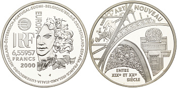 Франция 1 евро = 6,55957 франков 2000 стиль арт-нуво в архитектуре (XIX-XX веков) в оригинальной коробке, с сертификатом KM 1227 серебро PROOF 5-6-1-43
