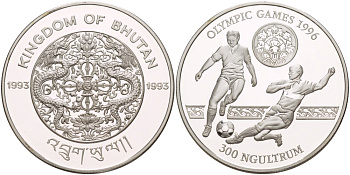 Бутан 300 нгултрумов 1993 Олимпийские игры 1996 года в Атланте, футбол KM 79 серебро PROOF 1081-8-42