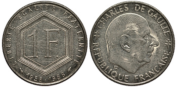 ФРАНЦИЯ 1 ФРАНК 1988 ШАРЛЬ ДЕ ГОЛЛЬ, 30 ЛЕТ РЕСПУБЛИКЕ KM 963 никель VF 4182-536