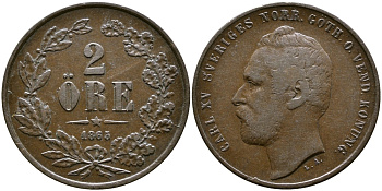 Швеция 2 эре 1865 Карл XV (1859-1872) KM 706 бронза 84-246