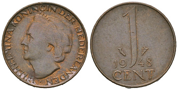 Нидерланды 1 цент 1948 Вильгельмина (1890-1948) KM 175 бронза 4618-357