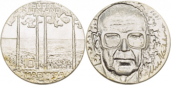 Финляндия 10 марок 1975 S-H, 75 лет президенту Урхо Кекконену KM 54 серебро UNC 1515-1621