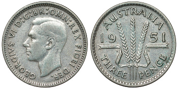 Австралия 3 пенса 1951 m, Георг VI (1937-1952), без букв KM 44 серебро 71-325