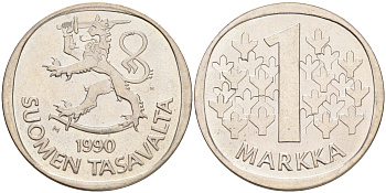 ФИНЛЯНДИЯ 1 МАРКА 1990 M KM 49а медно-никель UNC 4556-833