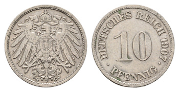 Германия 10 пфеннигов 1907 G, Вильгельм II (1888-1918) KM 12, J. 13 медно-никель 4636-866